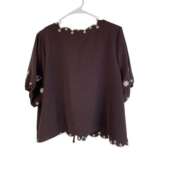 NWT Brown Embroidered Blouse Tie Front Puff Sleeves Boho Style NWT Size L - Picture 10 of 10